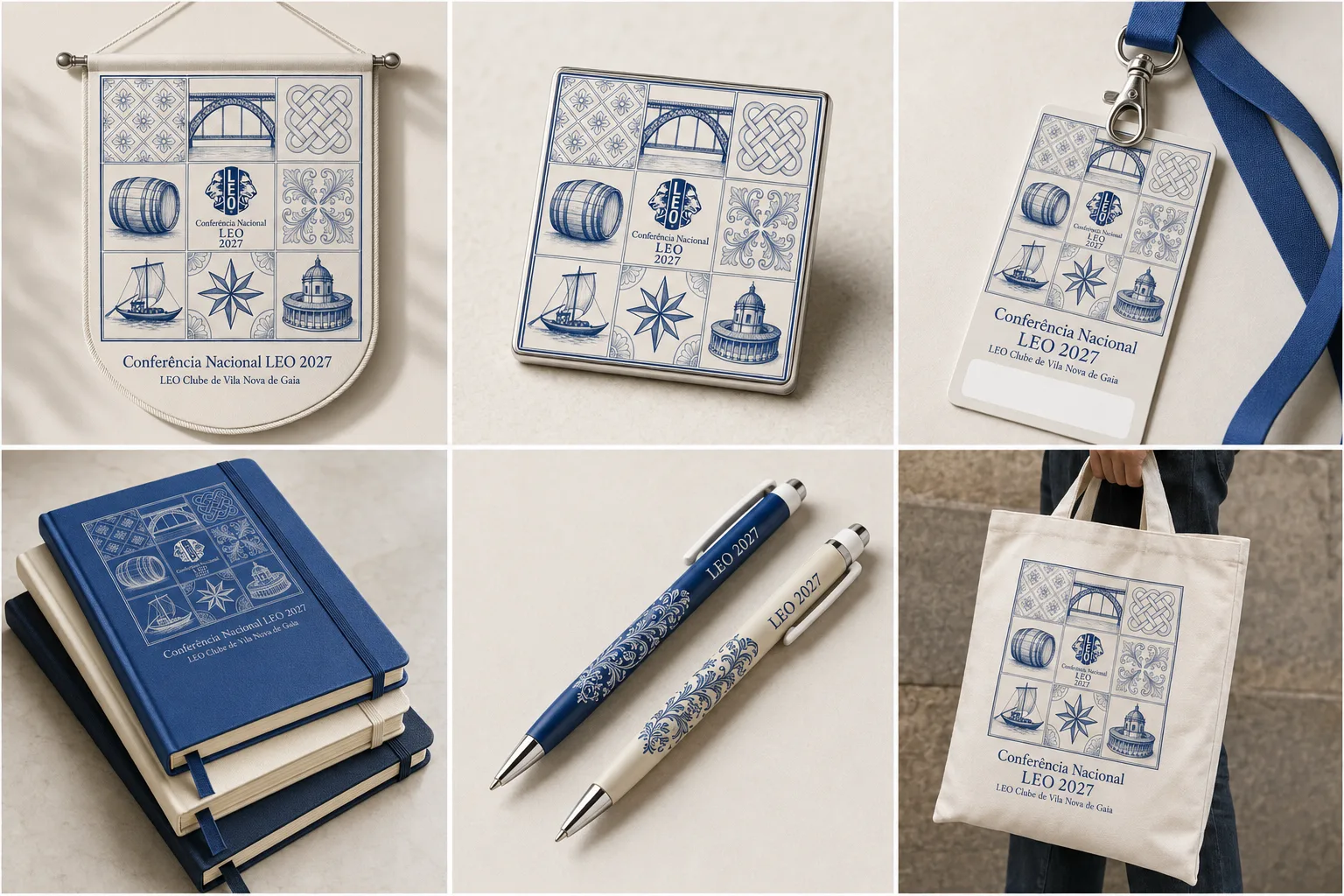 Mockups da identidade LEO 2027 aplicada a materiais do evento